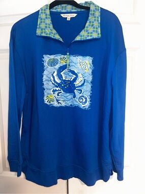 Heritage Blue Pullover with Plaid Collar and Crab Motif